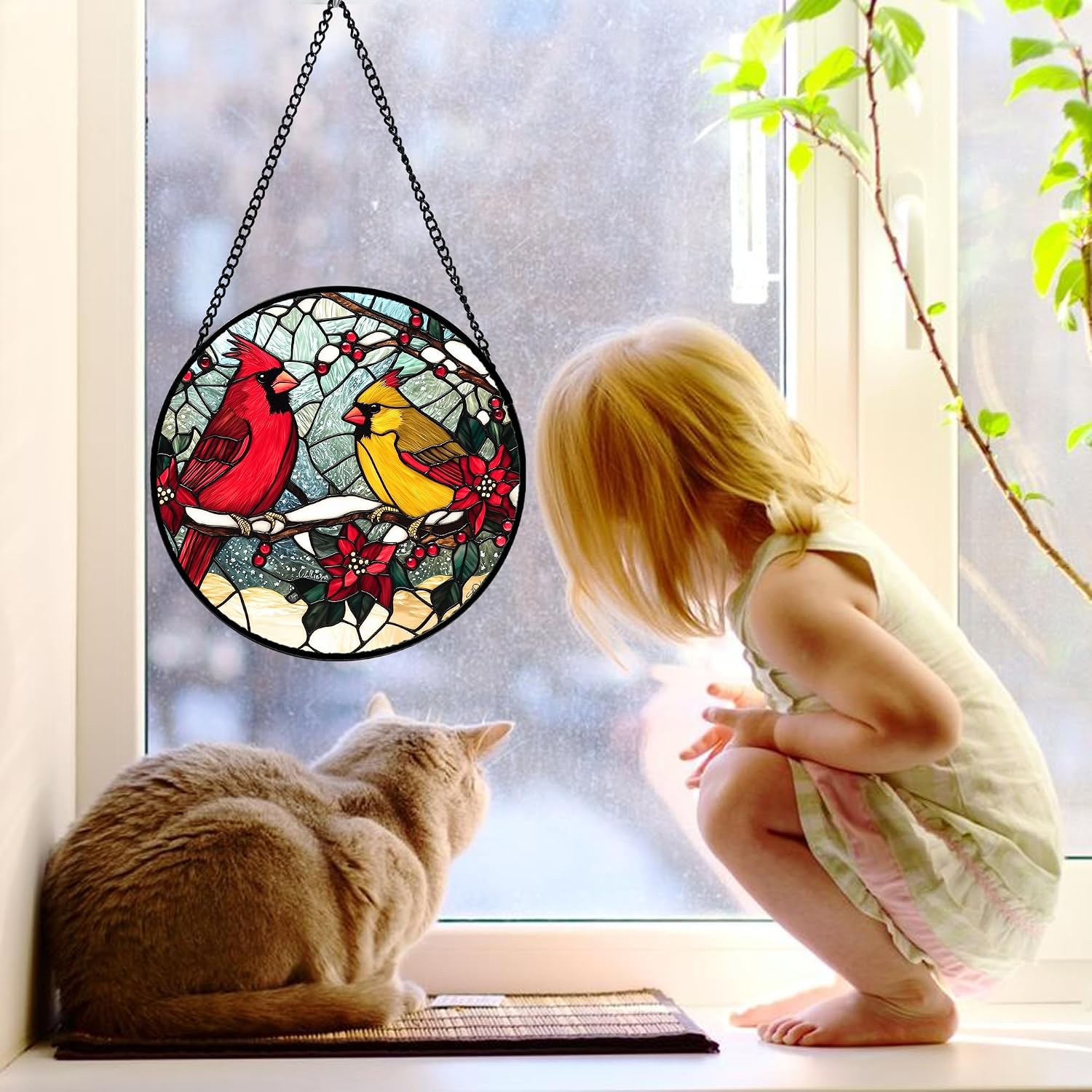 Cardinals Poinsettia Stained Glass Window Hanging Suncatcher Gifts 7.8"