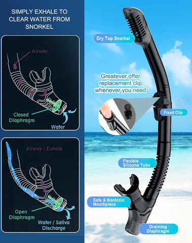 Greatever Snorkeling Gear for Adults Kids, Dry Snorkel Mask Set Anti-Fog