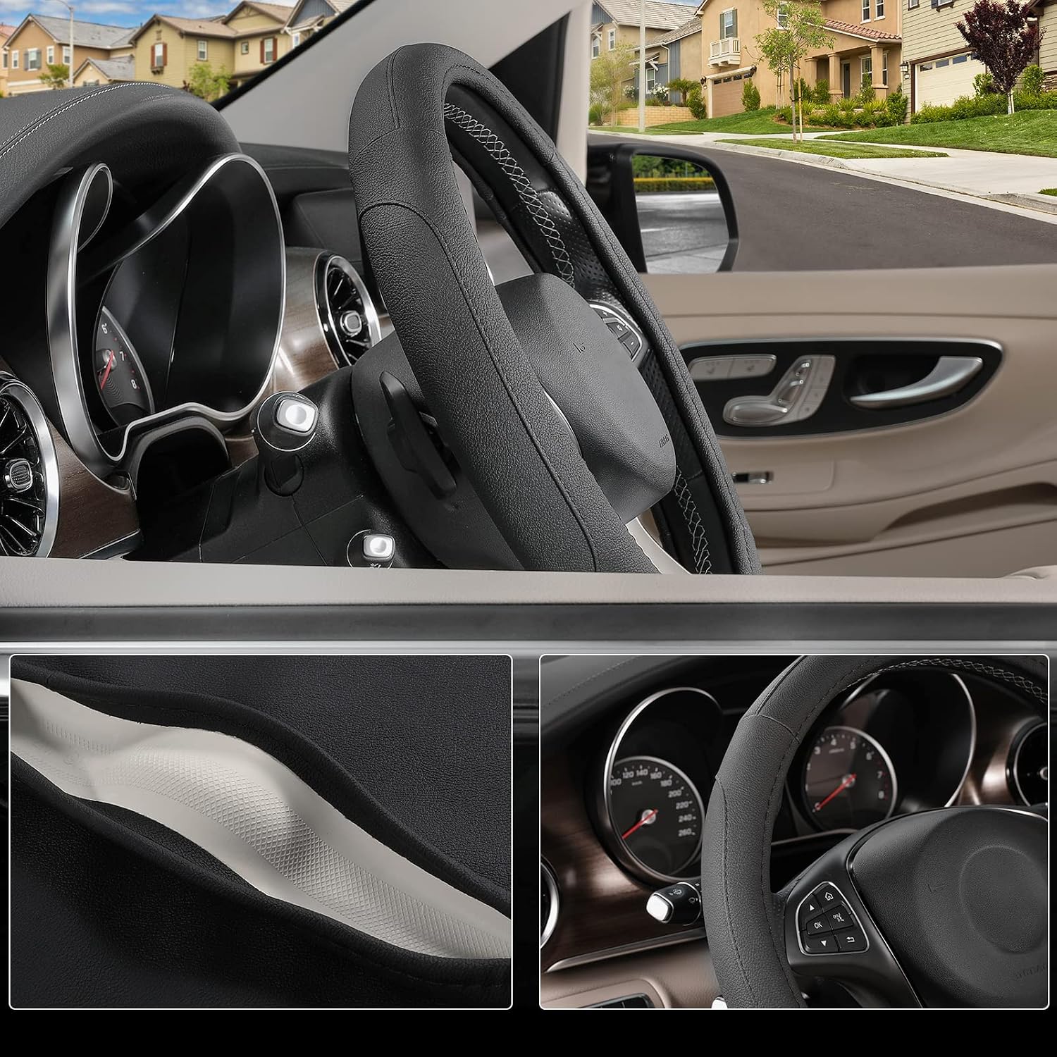 SEG Direct Black Microfiber Leather Auto Car Steering Wheel Cover 15 inch