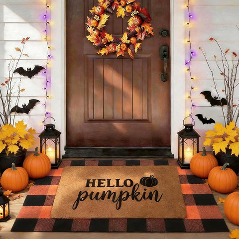 2 Pack Halloween Door Mat Set, Pumpkin Coir Mat & Orange Black Plaid Mat