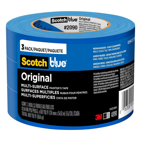 ScotchBlue Original Multi-Surface Painters Tape, 1 Inch Wide (0.94 in. x 60 Yds), 3 Rolls, Blue, Paint Tape Protects and Removes Easily, Masking Tape for Indoor and Outdoor Use (2090-24EC3)