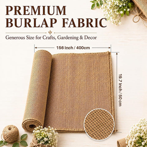RAINFLOW 19.7" x 13 Feet Burlap Fabric Roll - Natural Jute Burlap Roll