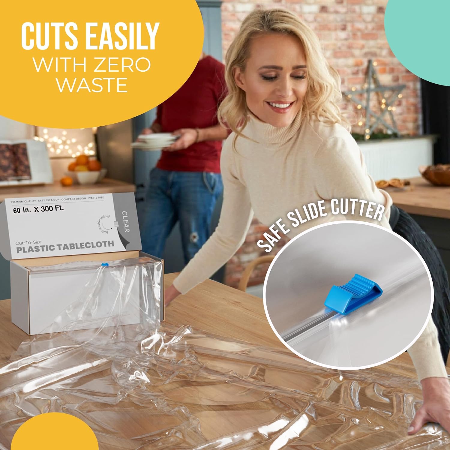 Party Solids 60 Inch X 300 Feet Clear Plastic Table Cover Roll in A Cut - to - Size Box with Convenient Slide Cutter. Cuts Up to 36 Rectangle 8 Feet Plastic Disposable Tablecloths