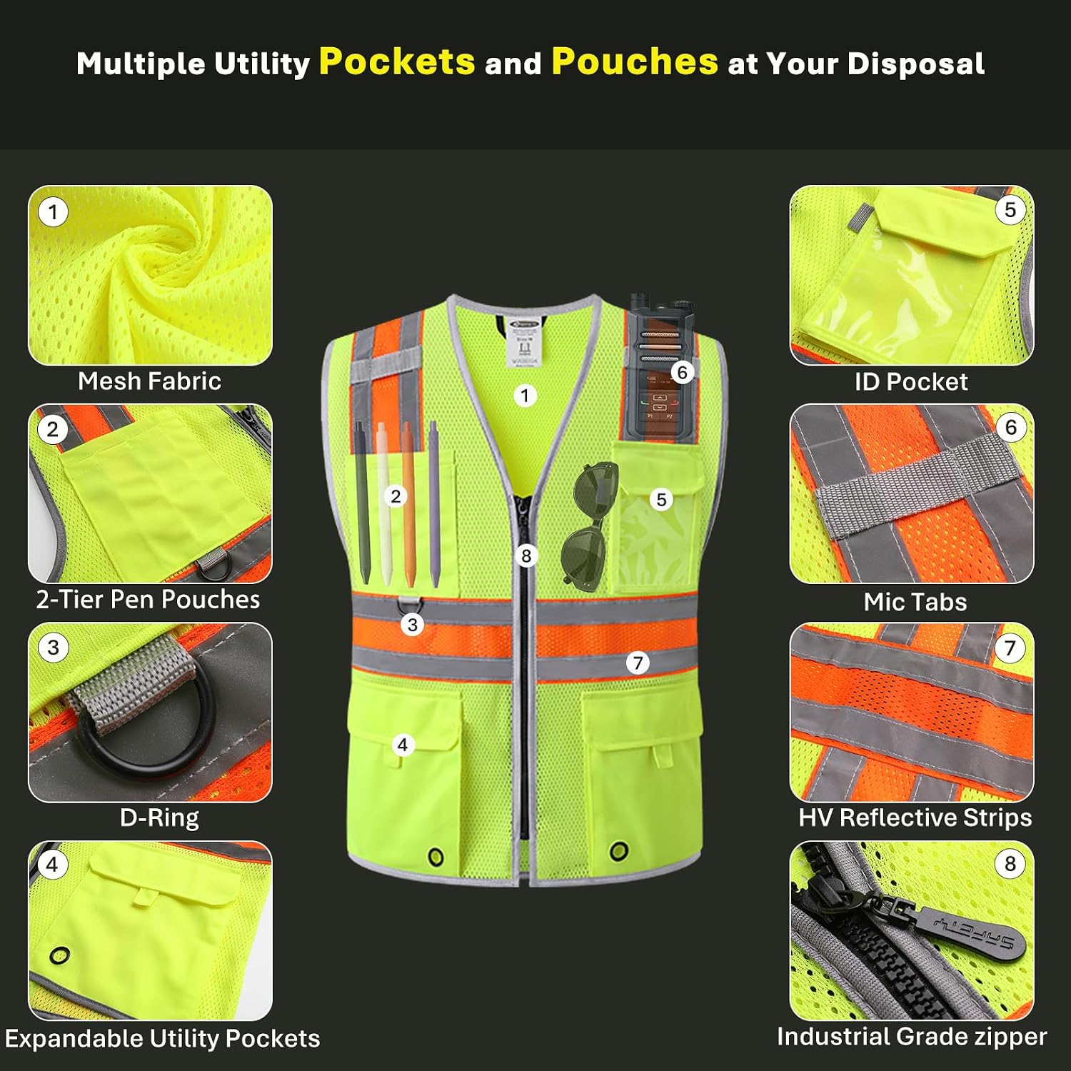 JKSafety Safety Vest for Men Women Hi Vis Relfective Vest with Pockets High Visibility Meet ANSI Standard