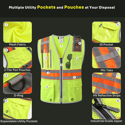 JKSafety Safety Vest for Men Women Hi Vis Relfective Vest with Pockets High Visibility Meet ANSI Standard