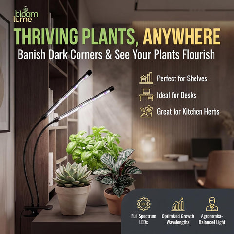 Bloom Lume LED Grow Lights for Indoor Plants Full Spectrum 6000K - Plant Grow Lights Indoor Features Multi Mode Color Spectrums (Red, White & Blue), Dimmable, Auto Timer, Clip on Gooseneck Plant Lamp