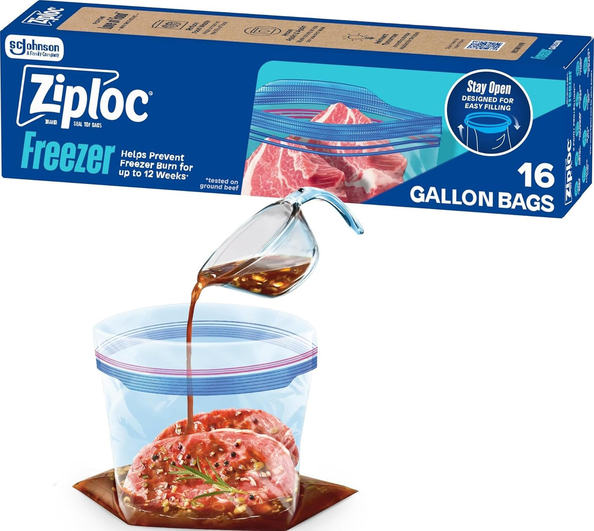 Ziploc Gallon Food Storage Freezer Bags, Stand-Up Bottom, Easy to Fill, 16 Count