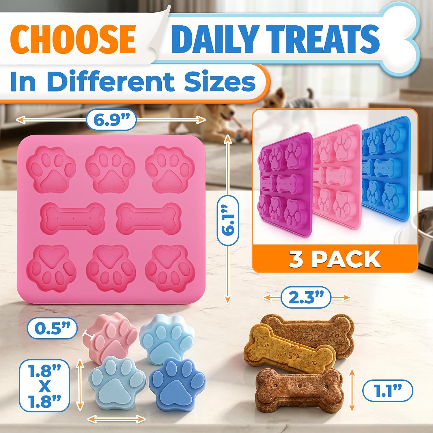 3 Pcs Dog Treat Molds Silicone, Bone & Paw Shapes, Non-Stick