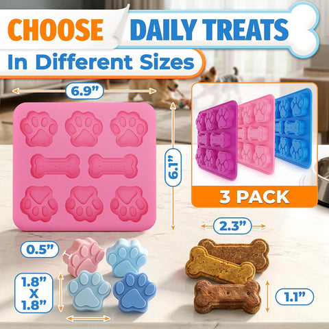 3 Pcs Dog Treat Molds Silicone, Bone & Paw Shapes, Non-Stick