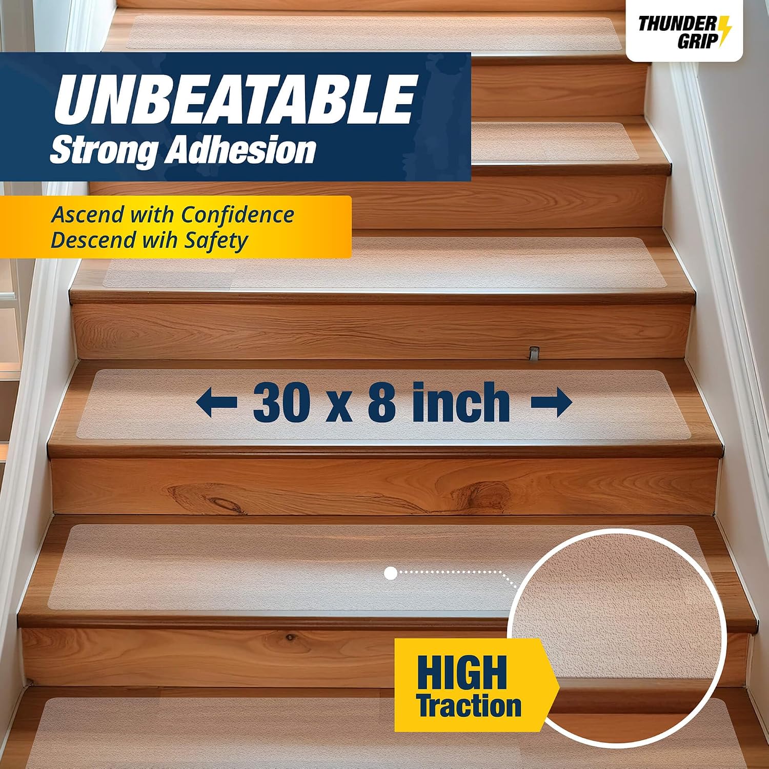 Clear Stair Treads Non-Slip Indoor 30" x 8" 15-Pack - Stair Grips for Wood