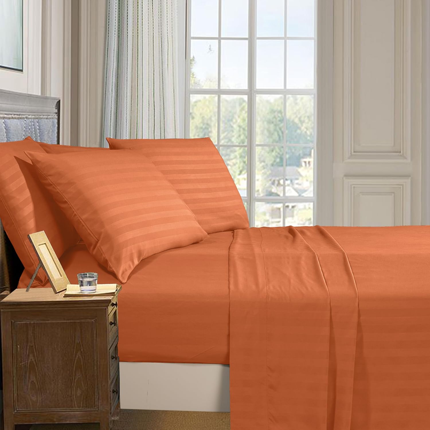 Elegant Comfort 6-Piece Damask Stripe Sheet Set, Cal King, Coral