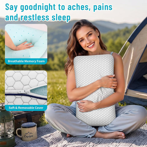 CushyOasis Memory Foam Bed Pillows for Sleeping, Set of 2, Camping Size