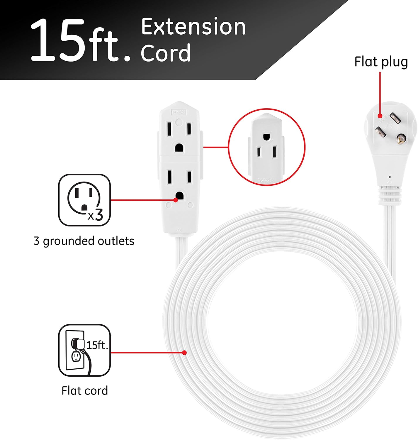 GE 3-Outlet Flat Extension Cord, 15 Ft Grounded Extension Cord