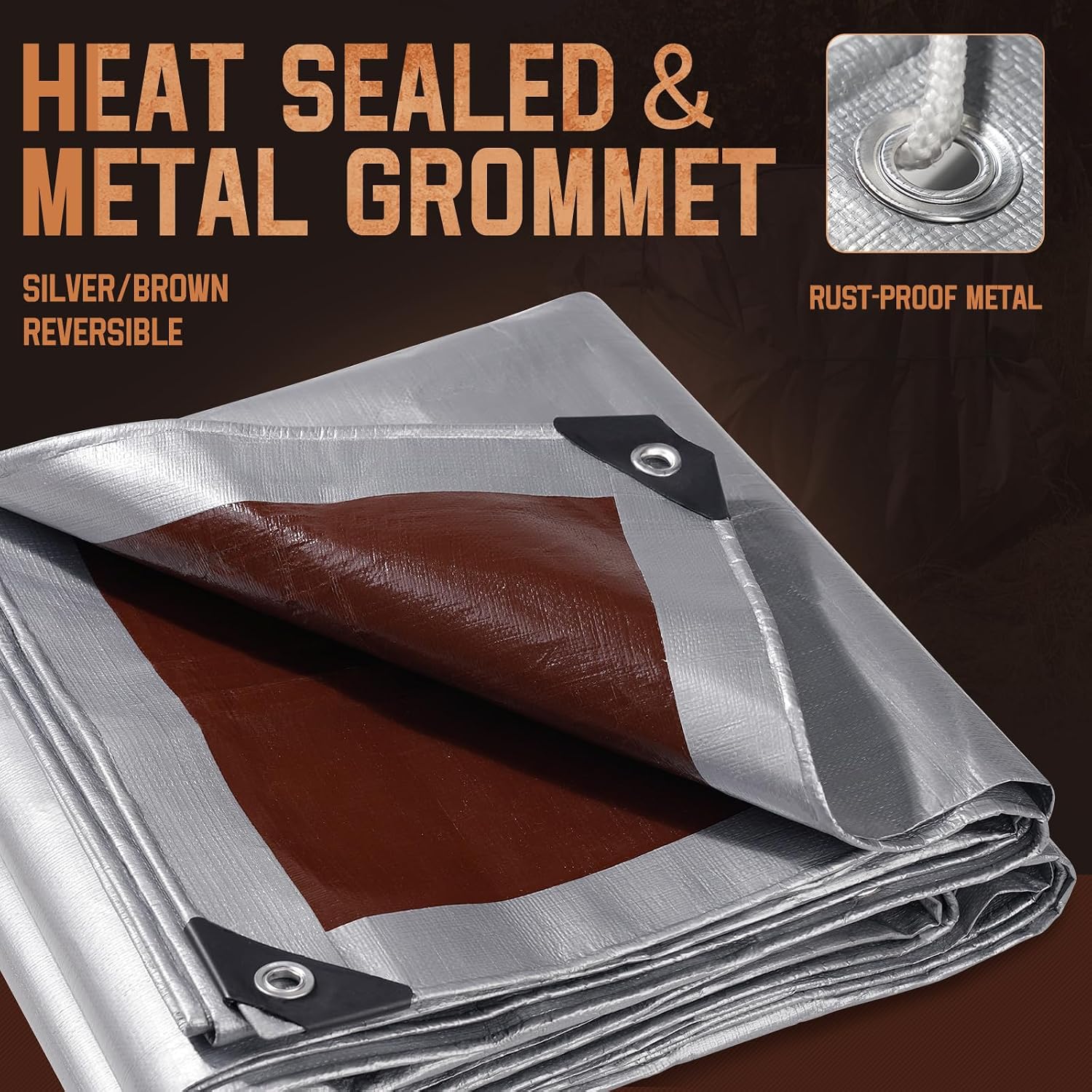 Tarp Heavy Duty 24x24 FT, 12 Mil Thick Large Tarps Water-Proof with Grommets, UV& Tear Resistant, Plastic Cover for Pool Roof Tent Outdoor Firewood, Silver& Brown