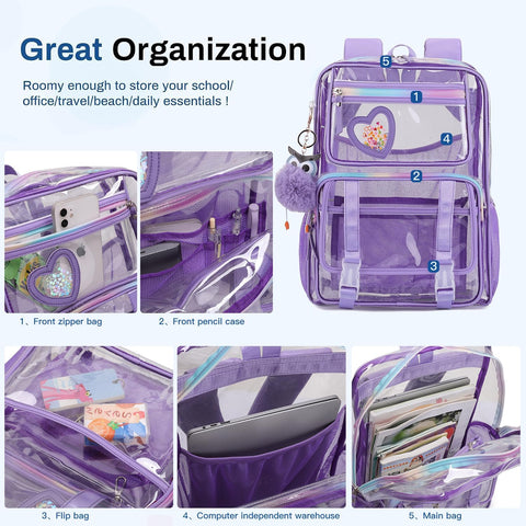 Clear Backpack for School Girls, Heavy Duty & Waterproof See-Through Bookbag with Pencil Case, Transparent Backpack for Work, Travel, Gym, College, Purple