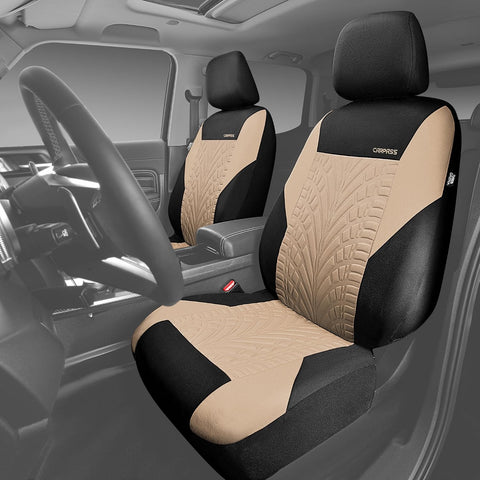 CAR PASS Car Seat Covers Full Sets, Front & Split Rear Bench for Car, 3D Tyre Embossed Automotive Interior Covers, Airbag Compatible, Quick Setup Universal Fit Seat Covers for Car, SUV(Black Beige)