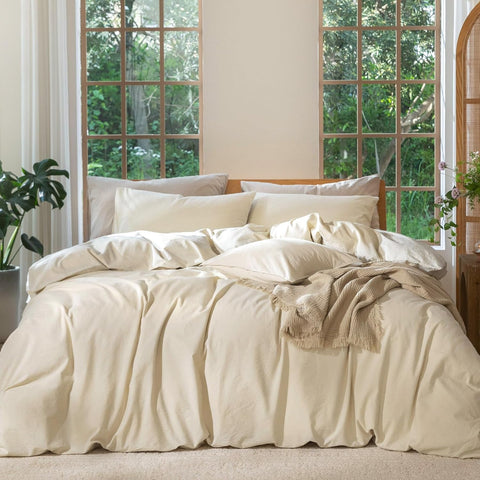 MooMee Duvet Cover Set 100% Washed Cotton Linen Like Twin