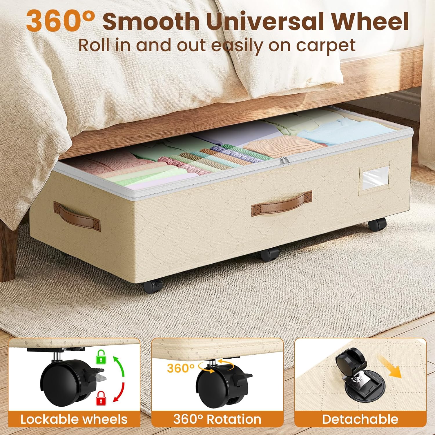 Budding Joy 80L 2 Pack Adjustable Under Bed Storage with Wheels, Beige
