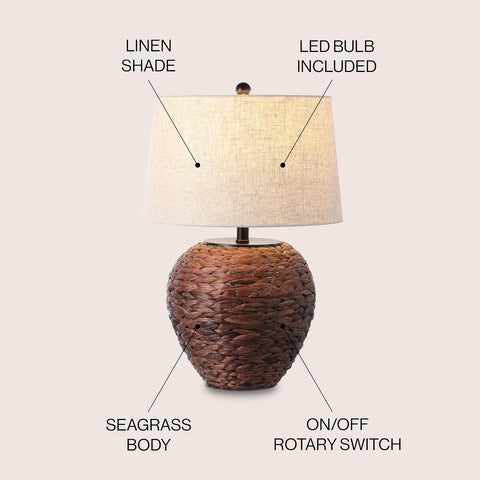JONATHAN Y Alaro Table Lamp Woven Water Hyacinth Basket 24.5", Dark Brown