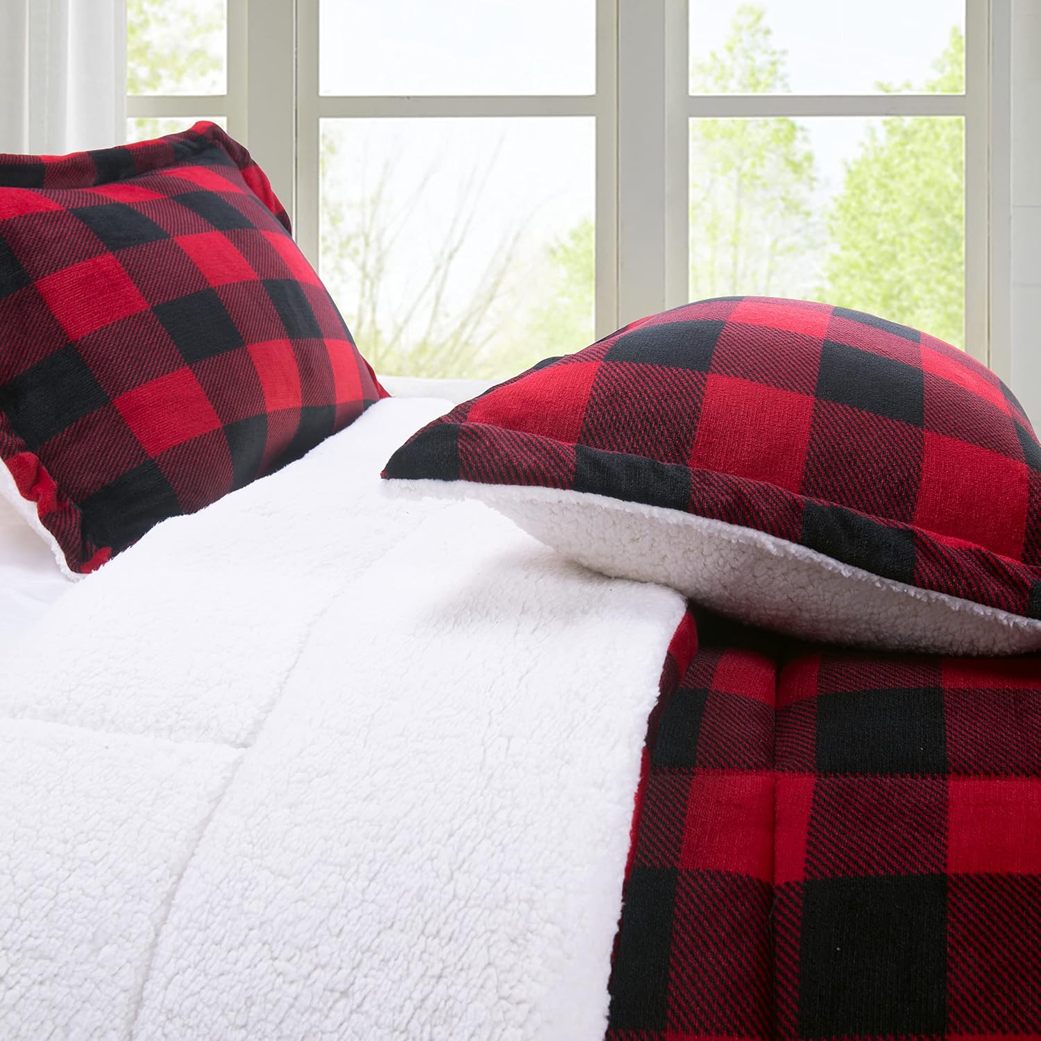 Elegant Comfort Softest, Coziest Premium Quality Heavy Weight Micromink Sherpa-Backing Reversible Down Alternative Micro-Suede 3-Piece Comforter Set, Queen, Buffalo Plaid, Burgundy/Black