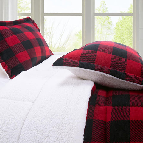 Elegant Comfort Softest, Coziest Premium Quality Heavy Weight Micromink Sherpa-Backing Reversible Down Alternative Micro-Suede 3-Piece Comforter Set, Queen, Buffalo Plaid, Burgundy/Black