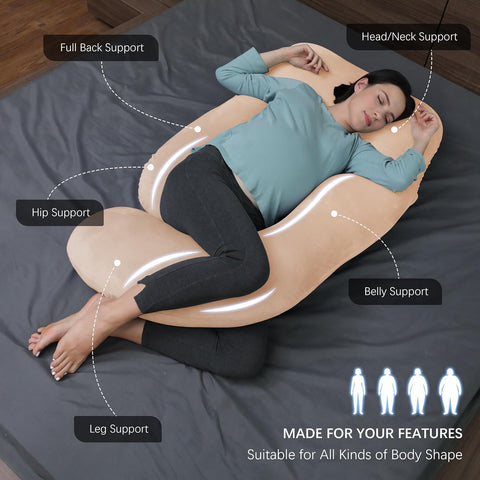 MOON PARK Pregnancy Pillows for Sleeping - U Shaped Full Body Maternity Pillow with Removable Cover - Support for Back, Legs, Belly, HIPS - 65 Inch - Brown - Cooling Cover