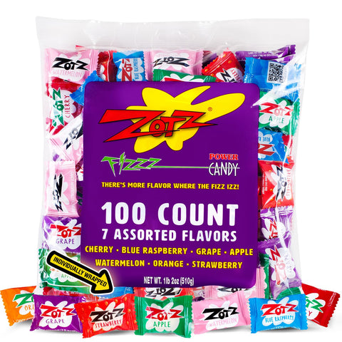 ZOTZ Fizzy Sour Candy Bulk - Retro Italian Hard Candy Individually Wrapped - Classic Nostalgic 7 Assorted Flavors Cherry, Watermelon, Blue Raspberry, Apple, Orange, strawberry & Grape - 100 Pieces Bag for Party Favors, Goodie Bags, Piñata & Candy Buffet