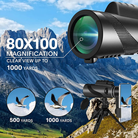 80x100 HD Monocular Telescope for Adults, Large Vision Monoculars, High Powered Smartphone Monocular for Bird Watching, Hunting, Hiking, Camping, Wildlife