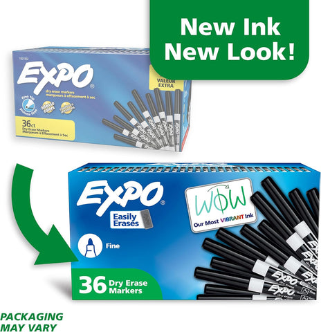 EXPO Dry Erase Markers, Low Odor Ink, Black, Fine Tip, 36 Count - Easily Erases, Ideal for Classroom, Home, Office, Back to School, Teacher Supplies, Pack of 6