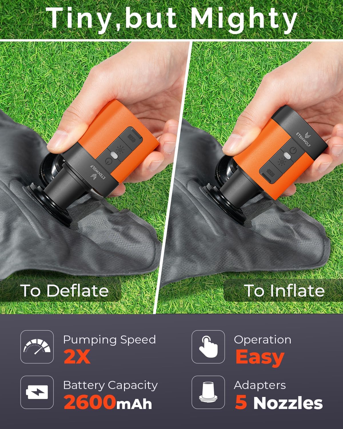 ETENWOLF AIR 3 Air Pump for Inflatables with 2600mAh Battery& Camping Light