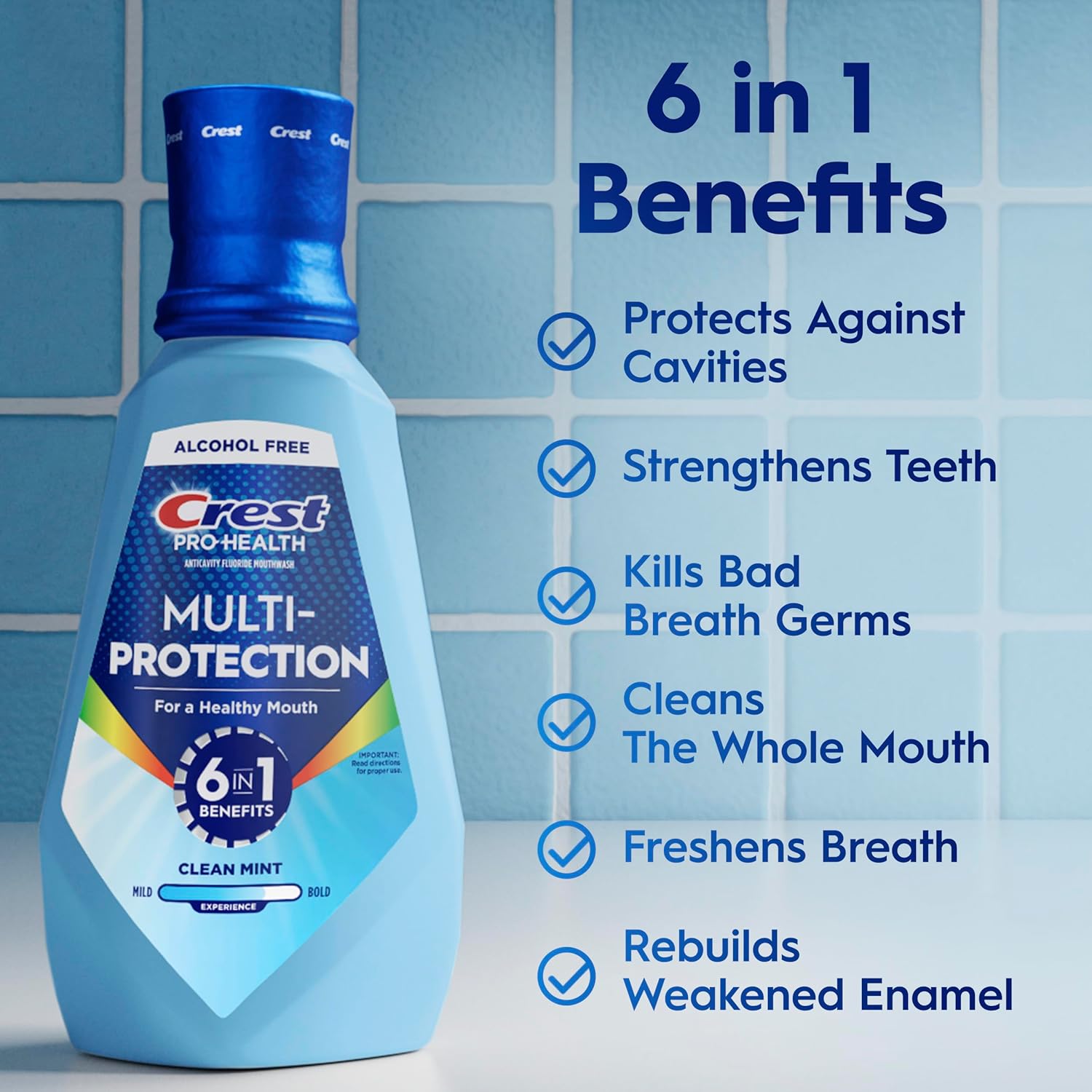 Crest Mouthwash Pro Health Multi-Protection, 1L, 2 Pack, 6-in-1 Benefits, Alcohol Free, Enamel Repair, Breath Freshener, Anti Cavity, Fluoride mouthwash, Bad Breath Treatment for Adults, Contains CPC