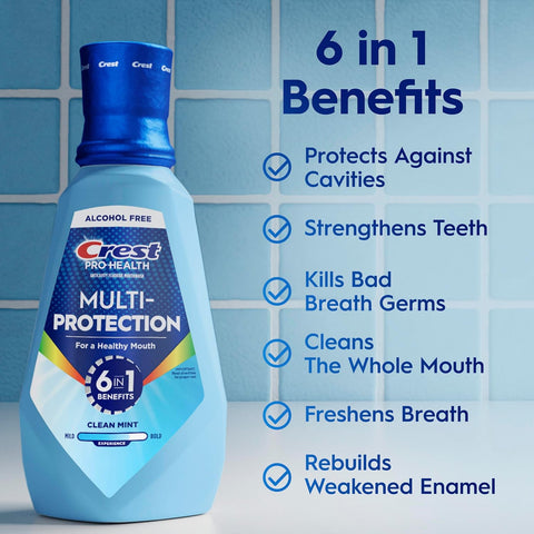 Crest Mouthwash Pro Health Multi-Protection, 1L, 2 Pack, 6-in-1 Benefits, Alcohol Free, Enamel Repair, Breath Freshener, Anti Cavity, Fluoride mouthwash, Bad Breath Treatment for Adults, Contains CPC