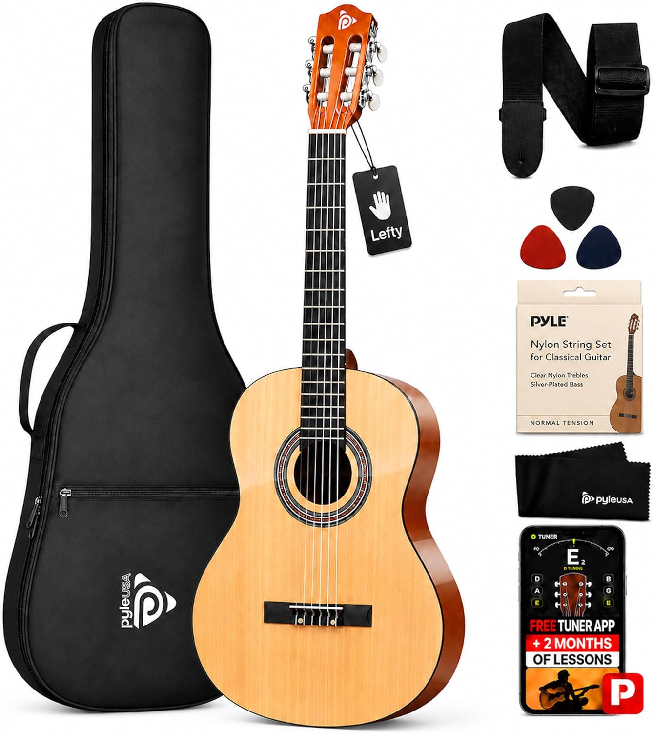 Pyle 36-Inch Left-Handed Classical Acoustic Guitar Kit, 3/4 Size Junior Nylon String Guitar for Kids and Adults, Includes Gig Bag, Strap, Spare Strings, Picks, Cleaning Cloth, 18 Frets, Gloss Finish