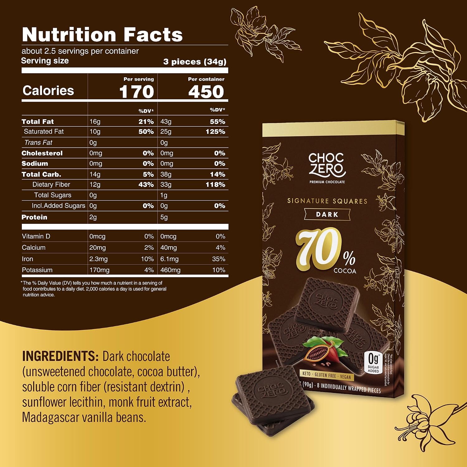 ChocZero 70% Cocoa Sugar Free Dark Chocolate Squares, Vegan, 4 Pack