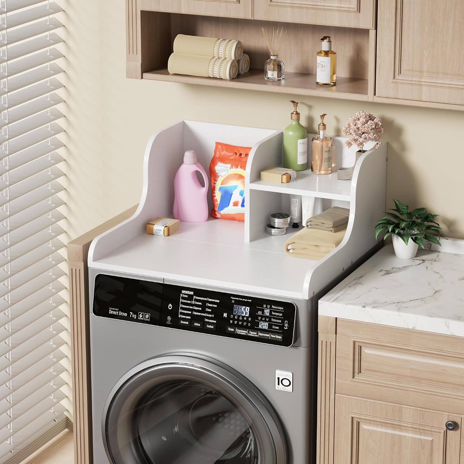 DTK Single Washer Countertop with Shelf, Wood Dryer Countertop, White