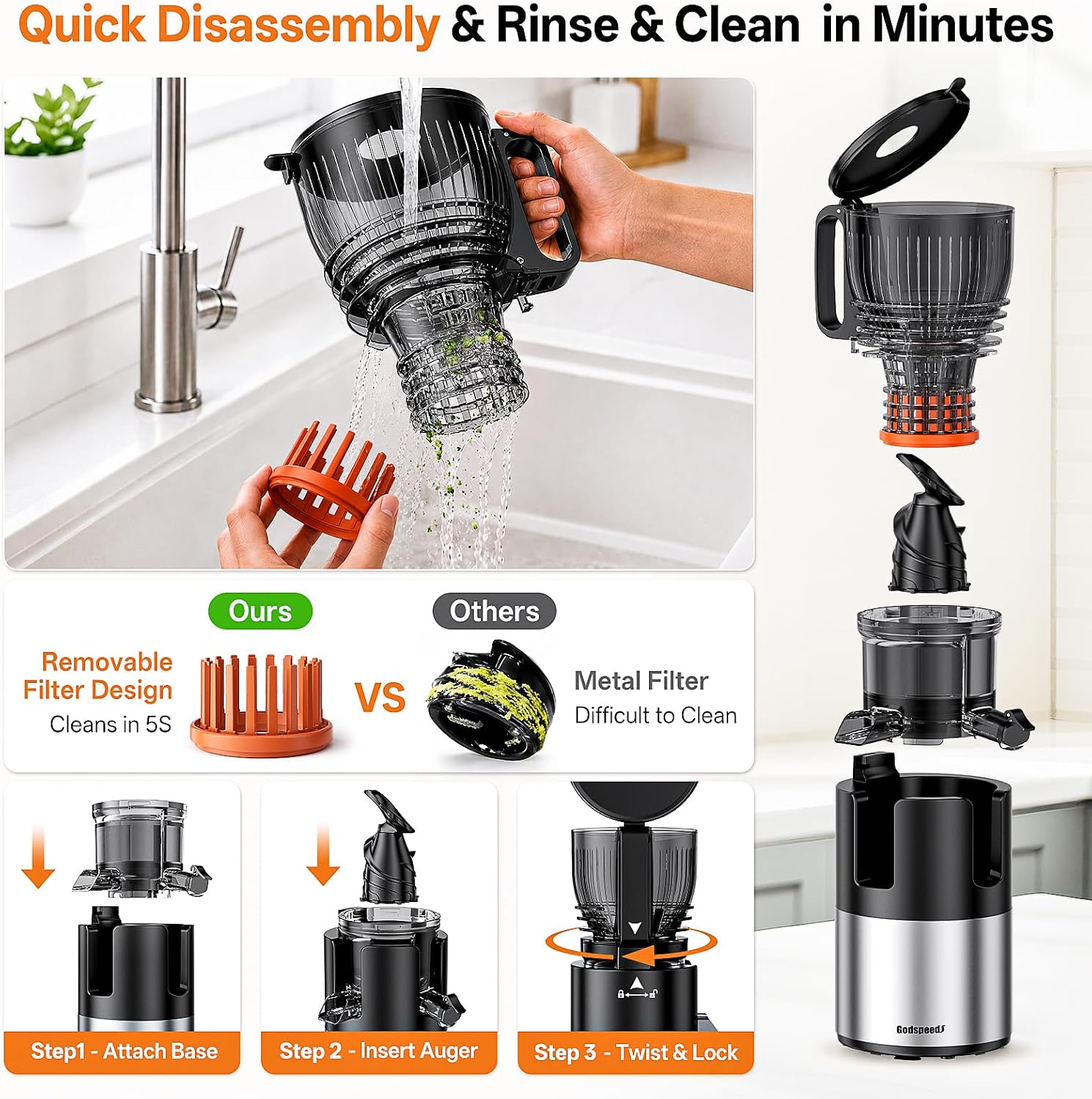 Godspeeds 6-inch Chute Cold Press Juicer Machine
