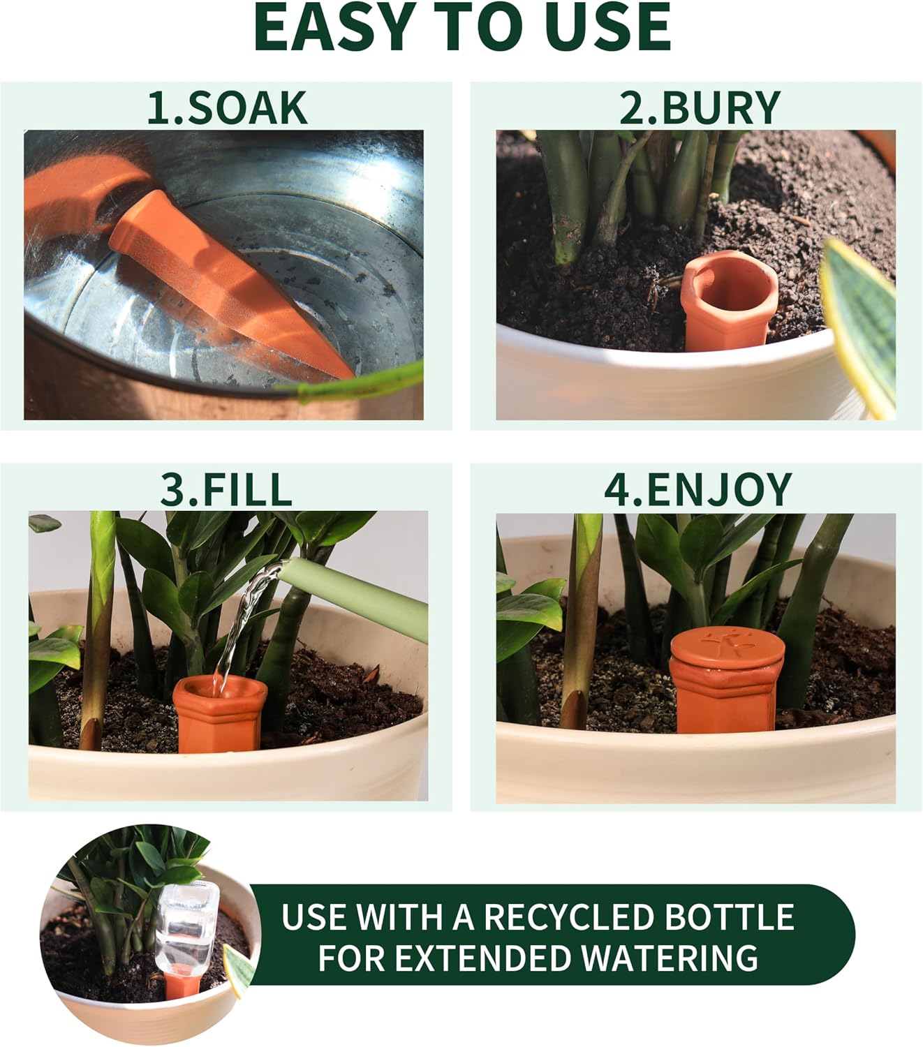 Soilagua Large Terracotta Watering Spikes with Lids, Automatic Plant Waterer Outdoor | Indoor, Vacation Friendly Clay Plant Watering Devices System, Slow Release Self Watering Planter Insert, 4 Pack