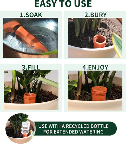 Soilagua Large Terracotta Watering Spikes with Lids, Automatic Plant Waterer Outdoor | Indoor, Vacation Friendly Clay Plant Watering Devices System, Slow Release Self Watering Planter Insert, 4 Pack