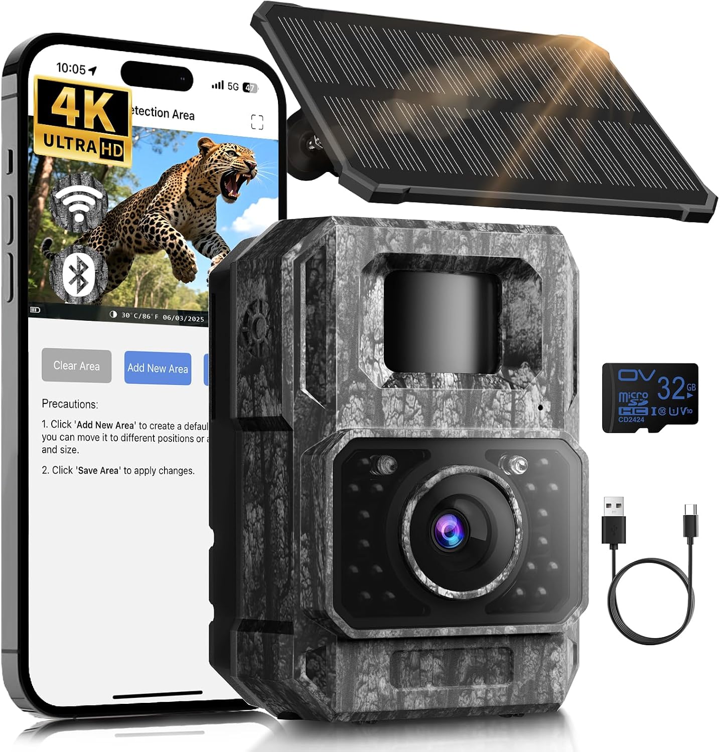 MAXDONE Solar Trail Camera, 4K 64MP WiFi Bluetooth Night Vision Game Camera