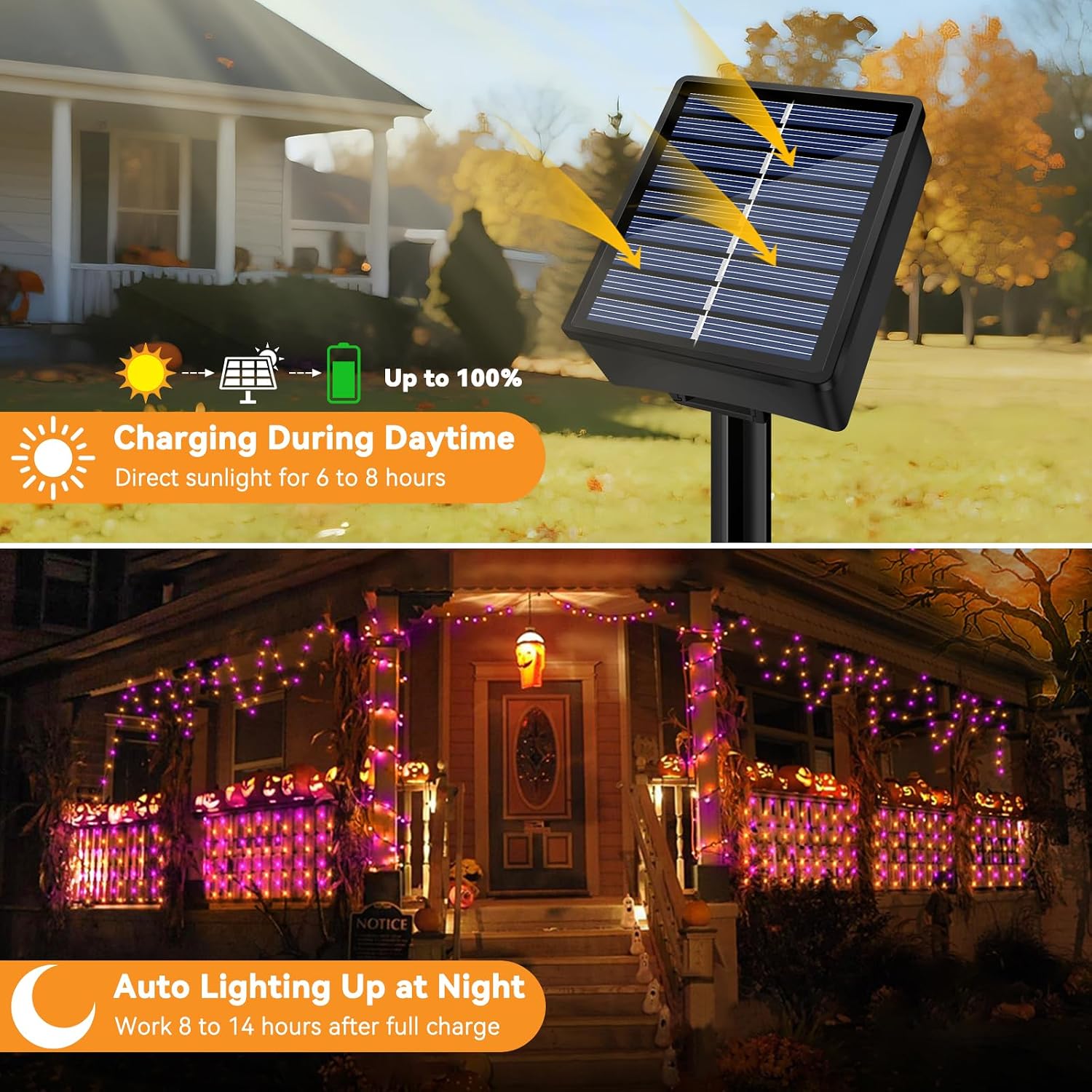 Solar String Lights Outdoor 2 Pack Total 66ft 200LED Orange + Purple