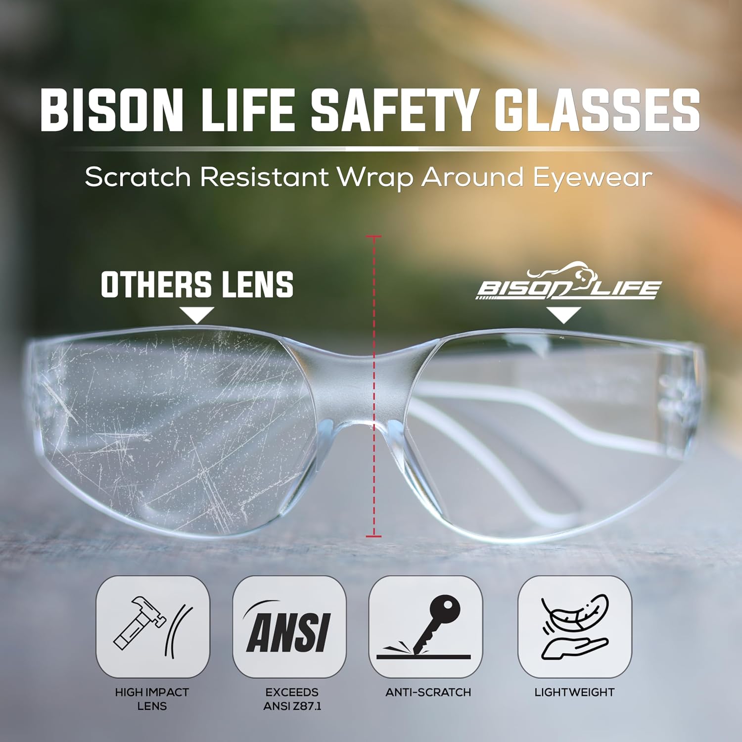 BISON LIFE Clear Safety Glasses for Men & Women, ANSI Z87.1 Certified,12Pk
