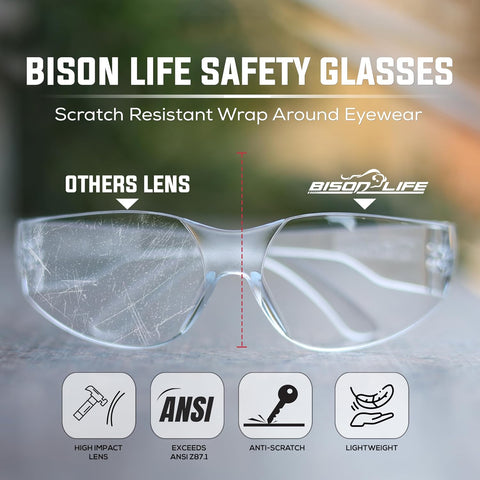 BISON LIFE Clear Safety Glasses for Men & Women, ANSI Z87.1 Certified,12Pk
