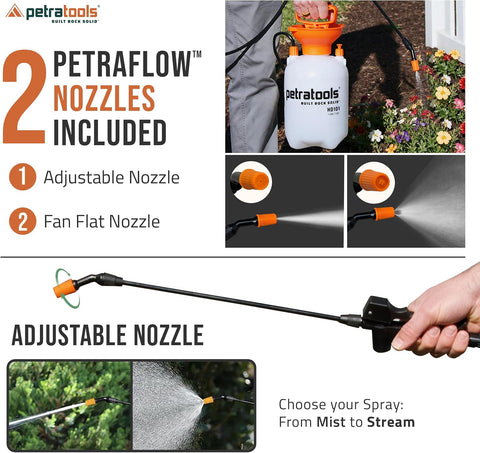PetraTools HD101 Garden Pump Sprayer, 52-in Long Hose & 2 Nozzles, 1 Gallon