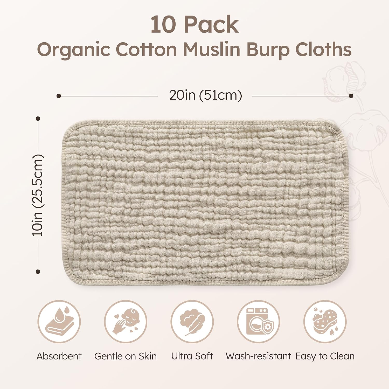Yoofoss Muslin Burp Cloths for Baby 10 Pack 100% Organic Cotton Baby Washcloths for Boys Girls Large 20''X10'' Super Soft and Absorbent Apricot White