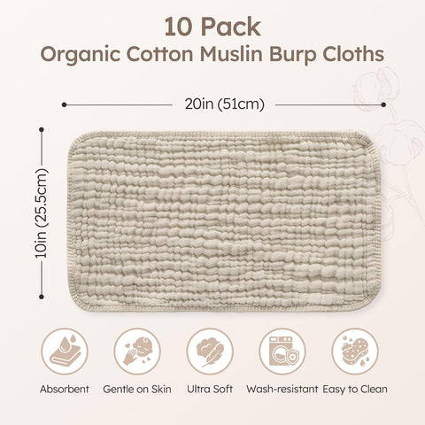 Yoofoss Muslin Burp Cloths for Baby 10 Pack 100% Organic Cotton Baby Washcloths for Boys Girls Large 20''X10'' Super Soft and Absorbent Apricot White