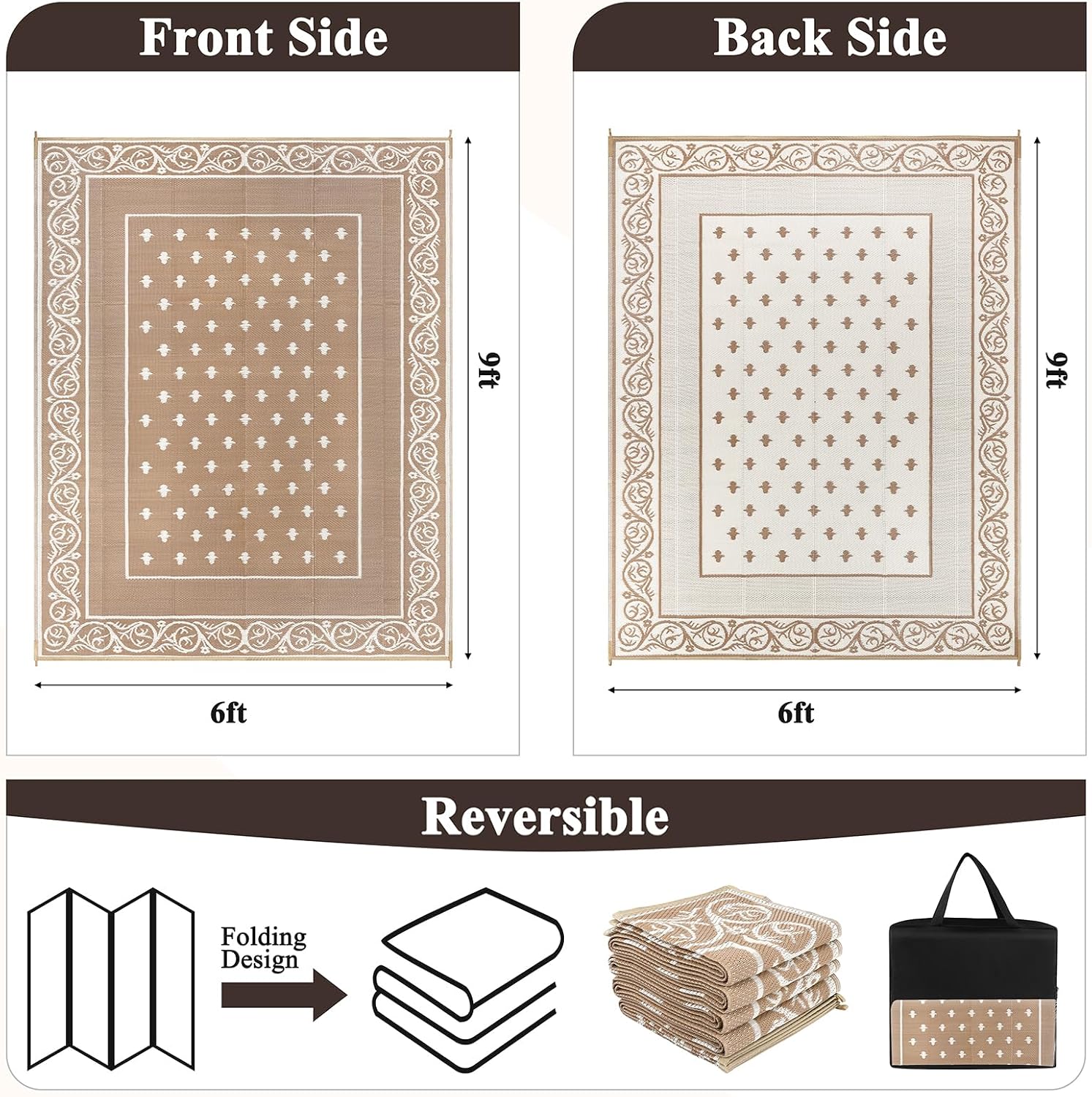 Pauwer Waterproof Outdoor Rug 6x9, Plastic Straw Patio Rug, Bordered Beige