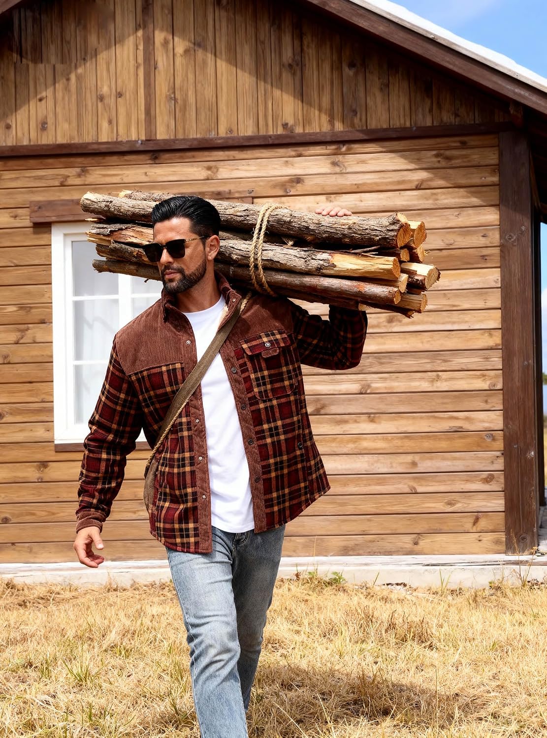 HYPESTFIT Men's Corduroy Plaid Sherpa Lined Flannel Shirt Jacket Fleece Coat