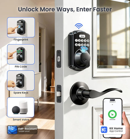 Veise VE012W-B Smart Wi-Fi Deadbolt Lock with Handle Set, Matte Black