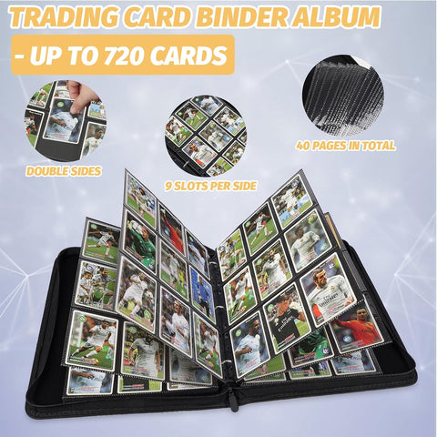 GERMUN 3 Ring 9 Pocket Zipper Card Binder, 720 Double Sided Standard PU Trading Card Album Folder for TCG & Sports Cards, Not Fit Top Loaders (Black1)