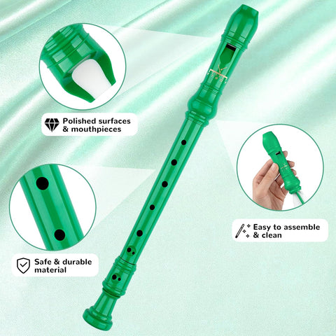 Soprano Recorder Instrument for Kids Students 8-Hole Flute Baroque Fingering with Cleaning Rod for School Beginners, Green Standard